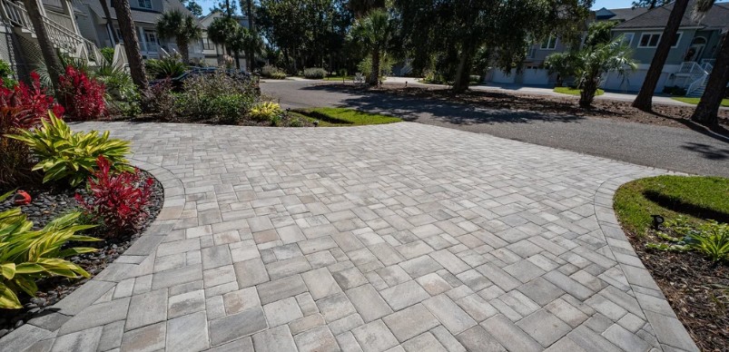 Modern concrete paver driveway with contemporary gray tones and clean design