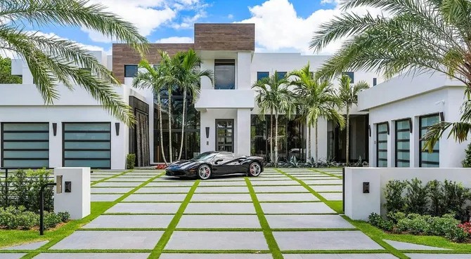 Modern Concrete Paver Driveway with Grass Lines
