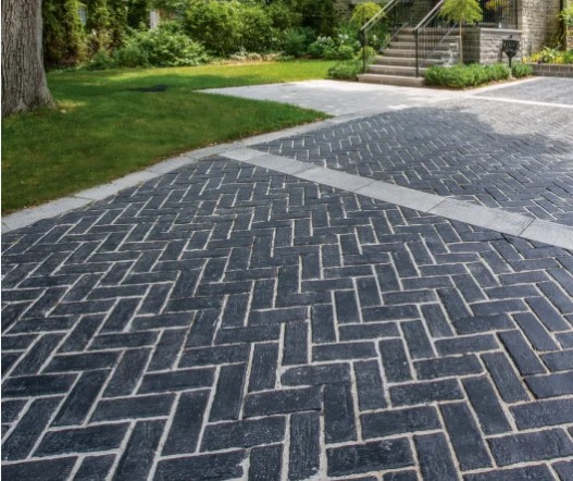 Dark Herringbone Pattern Paver Driveway