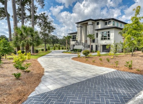 Multi-color paver driveway with accent patterns