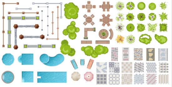 Professional hardscape design blueprint with pool area featuring comprehensive landscape planning elements