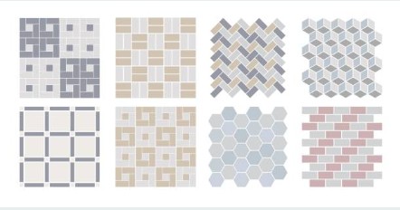 Collection of paver design layouts and patterns including geometric and mosaic arrangements