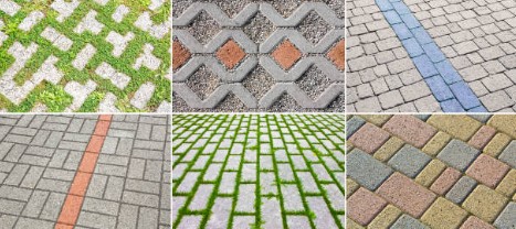 Multiple paver design materials and installation examples showing real-world applications