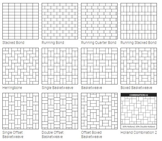 Complete paver pattern guide showing various laying patterns including herringbone, basketweave, and running bond