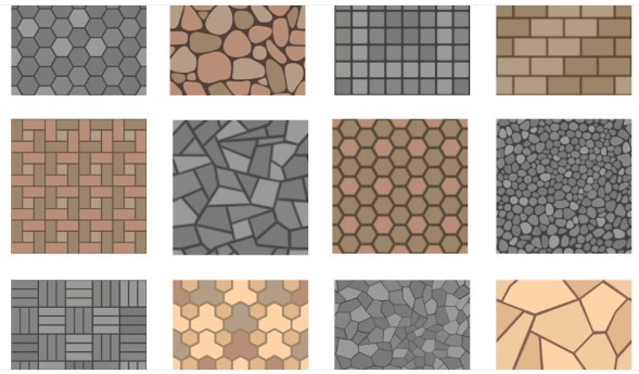 Various paver types and shapes including hexagonal, rectangular, and circular pavers in different colors