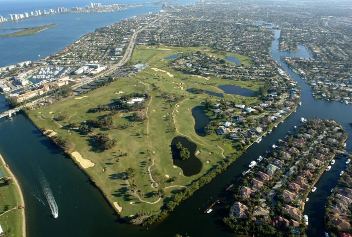 Aerial view of North Palm Beach golf course surrounded by waterways