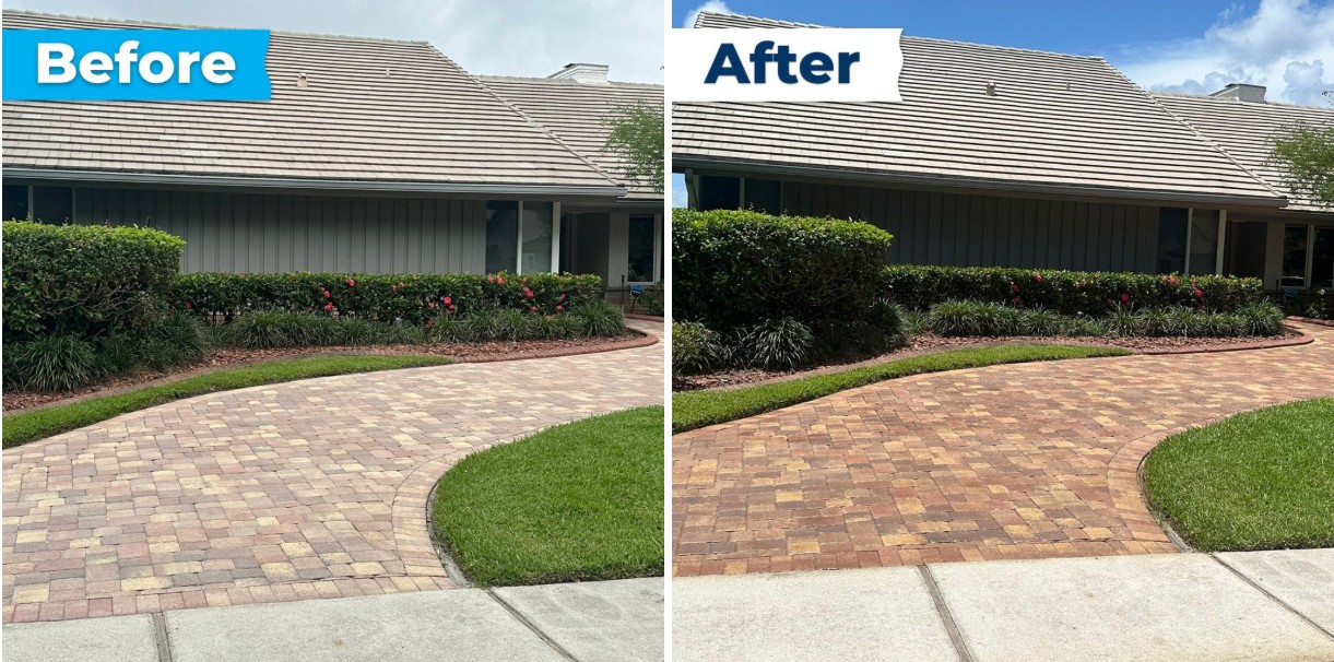 Dramatic before and after paver cleaning results showing transformation from dirty to restored driveway