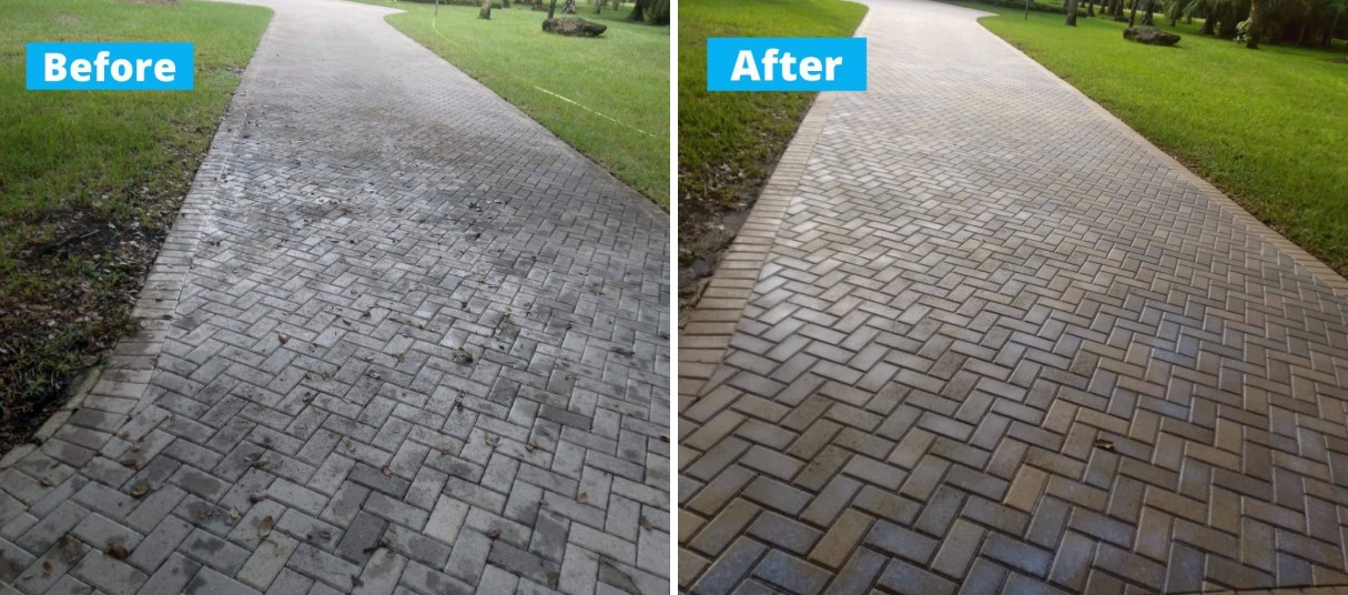 Before and after herringbone paver driveway cleaning transformation results