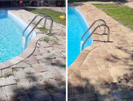 Pool deck paver cleaning before and after showing removal of stains and discoloration