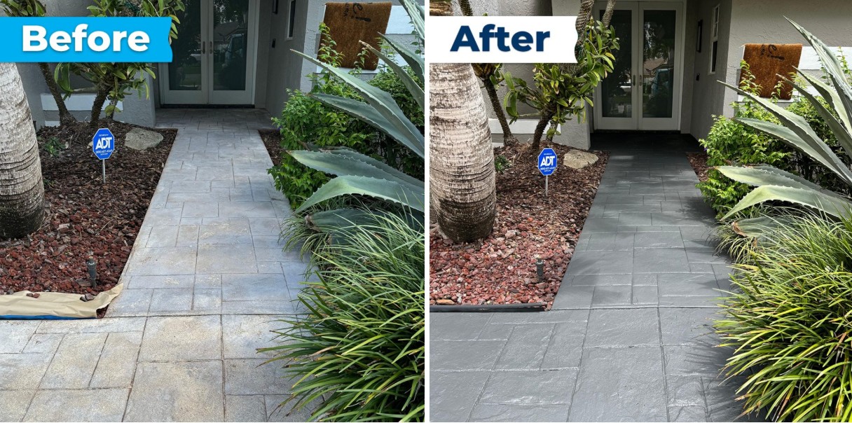 Before and after comparison of walkway paver cleaning showing dramatic improvement