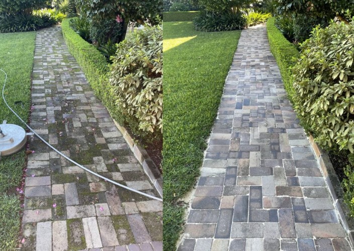 Curved walkway sealing before and after showing dramatic color restoration