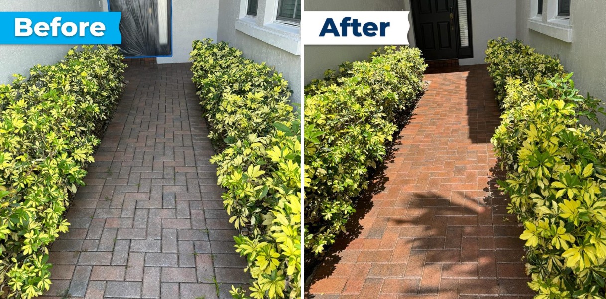 Entrance walkway before and after sealing transformation with enhanced colors