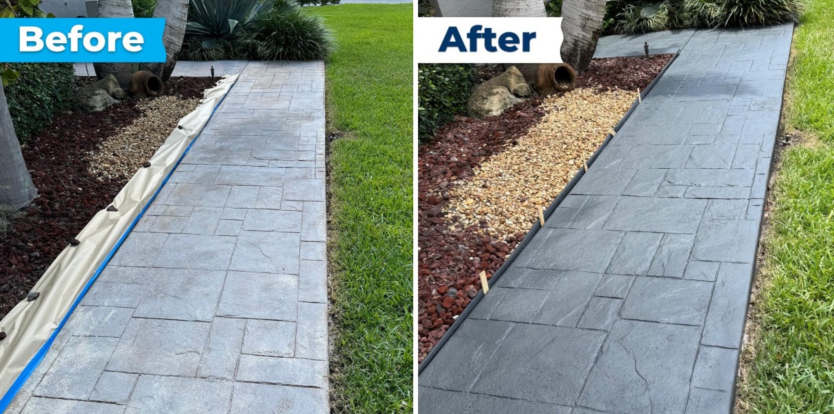 Walkway transformation before and after professional sealing showing enhanced protection