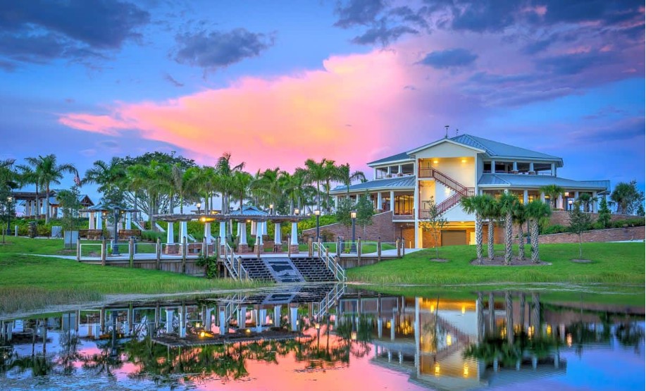Commons Park Community Center at Sunset with Beautiful Landscaping