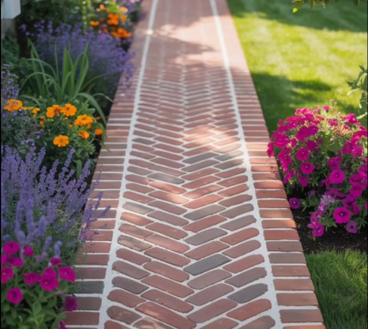 Herringbone Brick Walkway with Landscaping